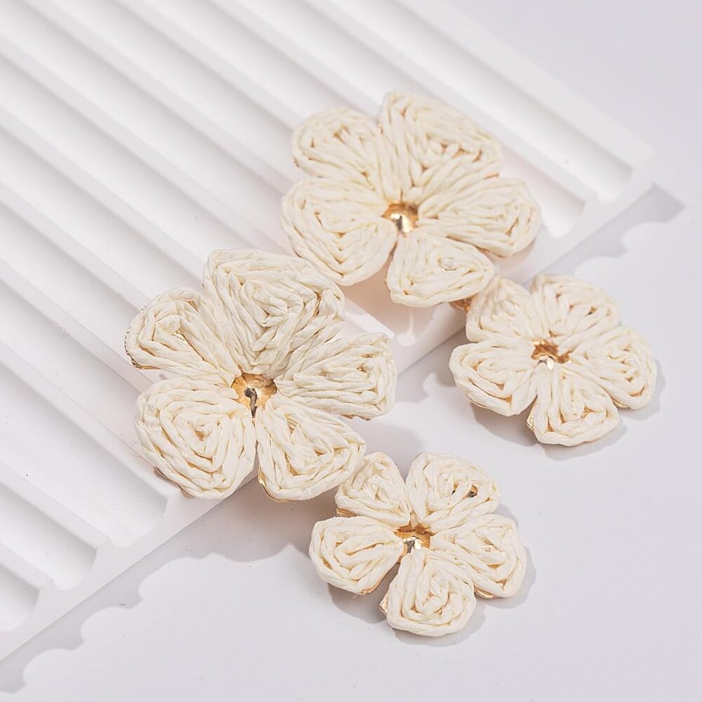 Flower Drop Earrings Floral Raffia Earrings Boho Statement Dangle Earrings Trend - Picture 7 of 7